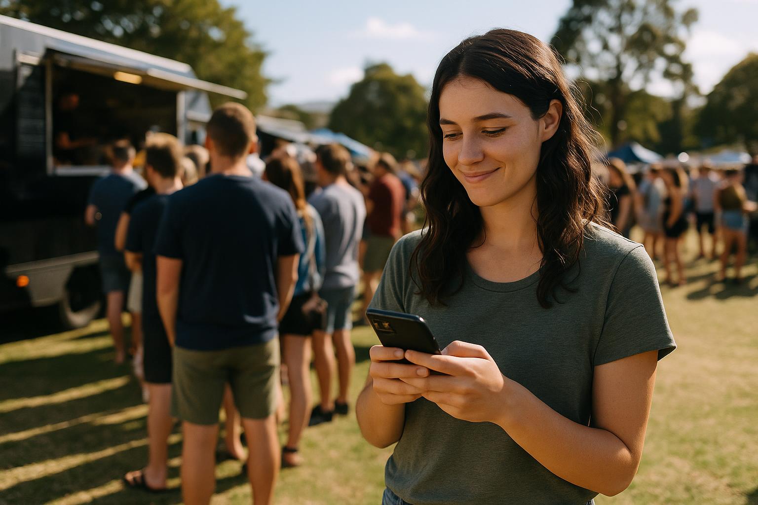 A customer ordering on her phone while a queue waits at a food truck behind her