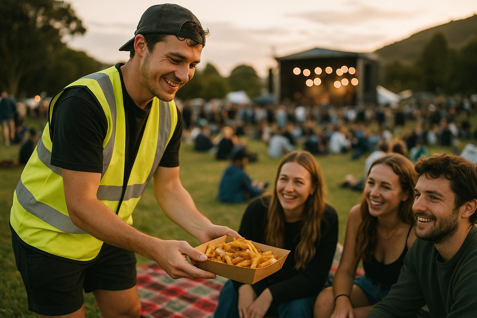 A runner handing food to friends sitting on the grass at an event