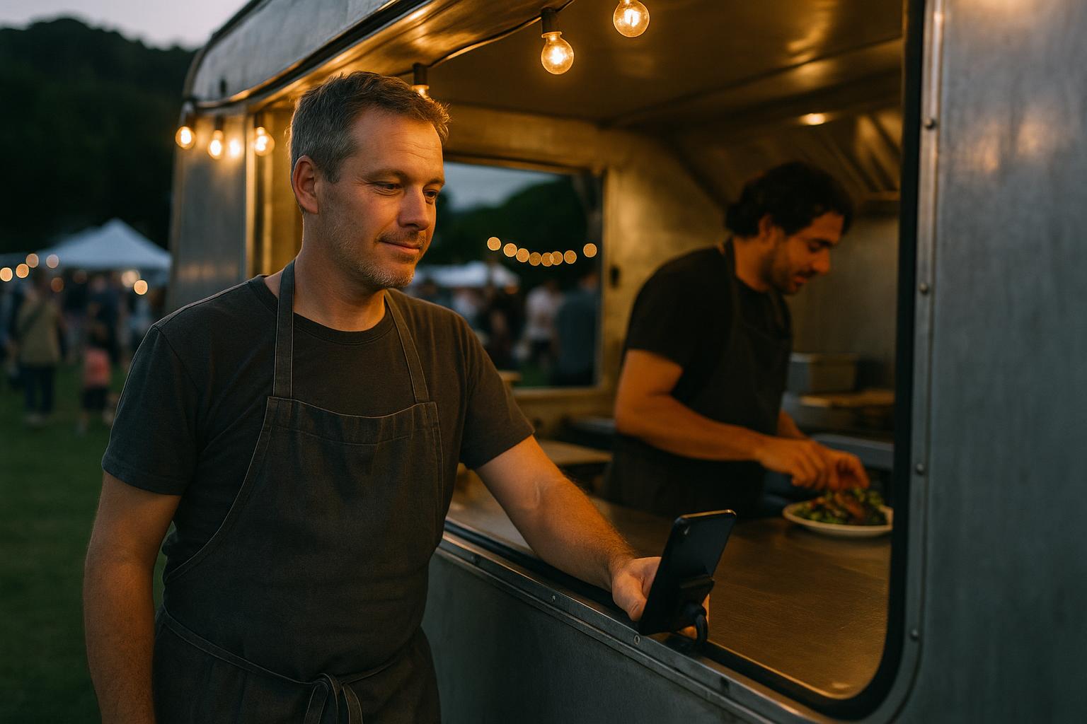 A food truck owner checking orders on a phone at the serving window